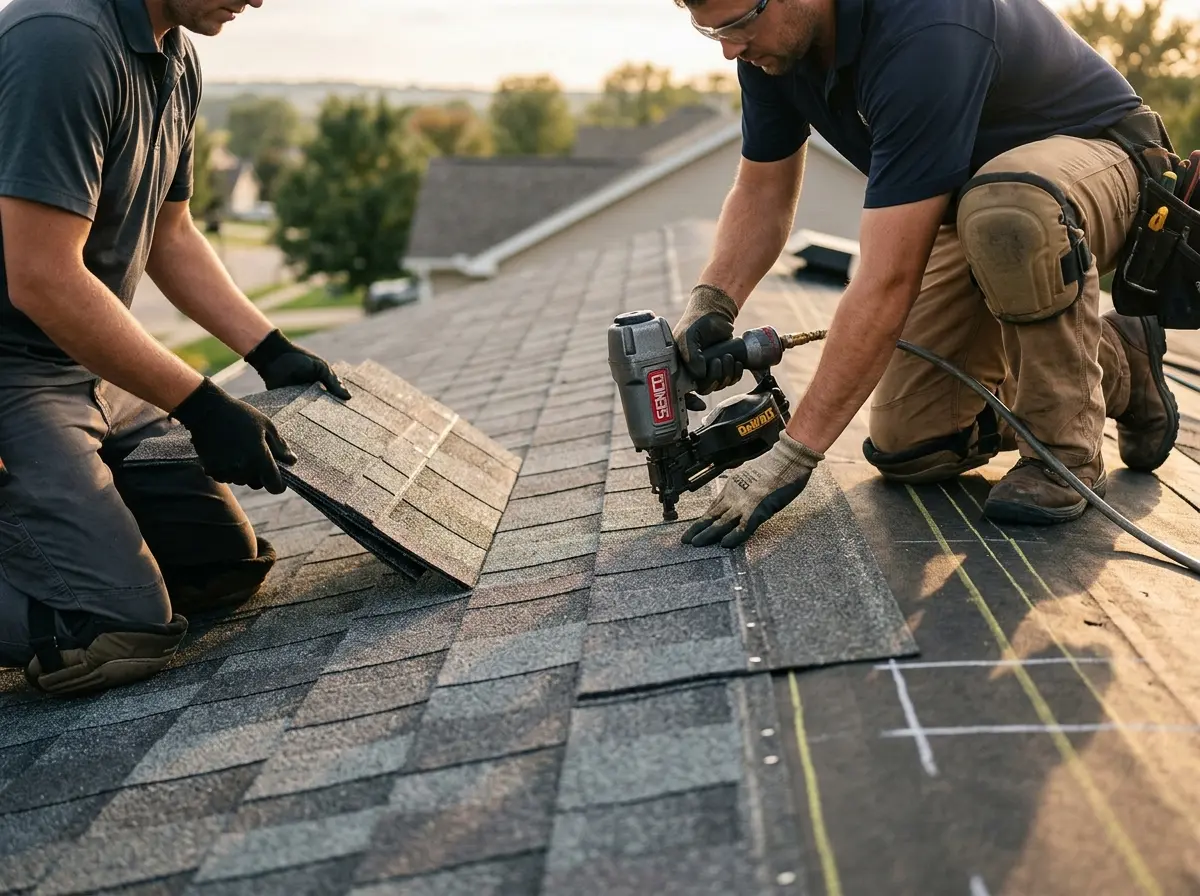 Professional roofer working on a residential roof in Geneva